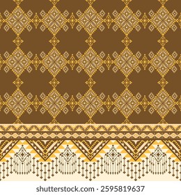 Ethnic Geometric Pattern Fabric - Brown Gold Textile Design, Traditional Geometric Textile Pattern - Brown, Gold, and Cream, Detailed Geometric Fabric Design with Ethnic Motifs, Seamless Ethnic