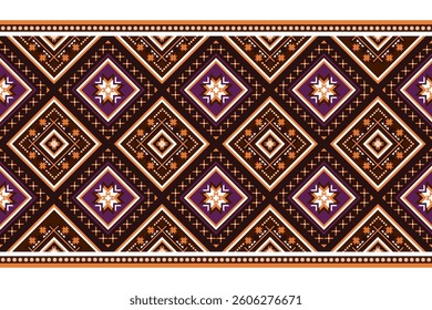 Ethnic geometric pattern featuring diamond motifs with star designs in warm brown, purple, orange, and white. Perfect for fabric, wallpaper, backgrounds, ethnic decor, prints, cultural design projects