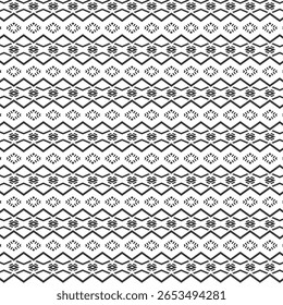 Ethnic geometric pattern featuring diamonds, zigzags, and dots for decorative backgrounds. Geometric, pattern, tribal, ethnic, seamless.