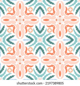 Ethnic geometric pattern with floral motifs in aqua and coral colors. Boho style. For wallpaper, printing on fabric, wrapping, background.