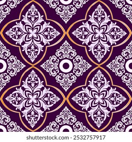 Patrón geométrico étnico, patrón floral, colores orientales, sin costuras, patrón sin costuras, fondo púrpura, flores blancas, diseño para tela, cortina, fondo, ropa, batik, ropa de punto