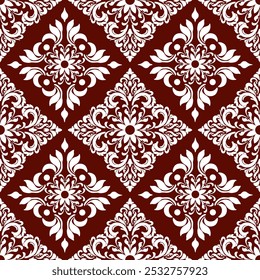 Ethnic geometric pattern, floral pattern, oriental colors, seamless, seamless pattern, red background, white flowers, design for fabric, curtain, background, clothing, batik, knitwear