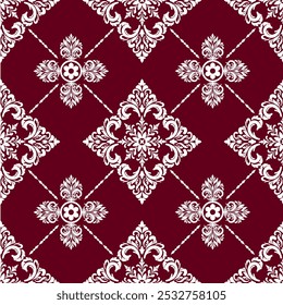 Ethnische geometrische Muster, Blumenmuster, orientalische Farben, nahtlos, nahtloses Muster, roter Hintergrund, weiße Blumen, Design für Stoff, Vorhang, Hintergrund, Kleidung, Batik, Strickwaren