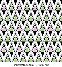 Ethnic Geometric Pattern with Green and Pink Triangles. Abstract Vector Illustration.