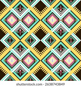 Ethnic Geometric Pattern Motif Native Traditional Dimond Shape Yellow Pink Green on Dark Background Tribal Design for background, rug, wallpaper, wrapping, cloth, fabric, carpet, textile, embroidery