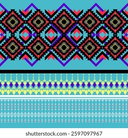 Ethnic geometric pattern. Native American tribal fabric design. Seamless textile. Red, black, yellow and blue on a light blue background. Perfect for fabric design, tiles, traditional art.