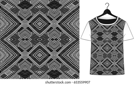 Ethnic geometric pattern. Native artistic ornament. Trendy tribal ornate. T-shirt simple mockup. Pattern for fabric or denim. Fashion design. Black and white.
