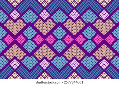 Ethnic Geometric Pattern with Pink, Purple, and Beige Diamond Motifs for Decorative Textile and Wallpaper Design