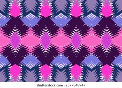 Ethnic Geometric Pattern with Pink and Purple Diamond Motifs on a Dark Blue Background for Vibrant Textile and Decorative Art