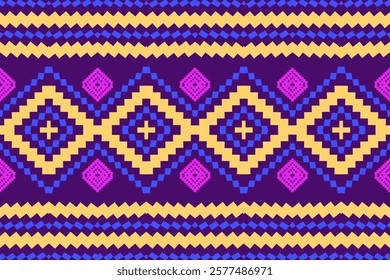 Ethnic Geometric Pattern with Pink, Yellow, and Blue Diamond Motifs for Vibrant Decorative Wallpaper