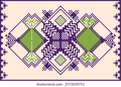 Ethnic geometric pattern of purple and green pixels on beige background. Pastel ethnic carpet design. Hand-drawn, modern, classic, elegant, minimal, traditional concept for decor, wallpaper, cloth.