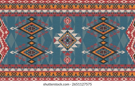 Ethnic Geometric Pattern in Red and Blue
 Bold ethnic tribal pattern in strong red and blue. Great for digital textile design and rustic fashion prints.