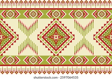 Ethnic Geometric Pattern, Red, Green, tribal design, Navajo, traditional, symmetry, repeat, motif, Native American, Aztec, for textile, print, rug, carpet, curtain, background, backdrop, cloth, wall