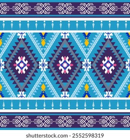 Ethnic geometric pattern. Seamless pattern blue and yellow flowers. Used in weaving, carpets, wallpaper, clothing, covers, batik, fabrics, embroidery style illustrations.