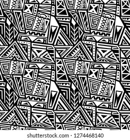 Ethnic geometric pattern - seamless boho style vector texture in black and white.
