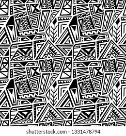 Ethnic geometric pattern - seamless boho style vector texture in black and white.