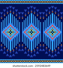 Ethnic geometric pattern, seamless pattern, Native American tribal fabric, red, yellow and black, blue background, traditional tribal pattern, suitable for use in textile and printing industry.