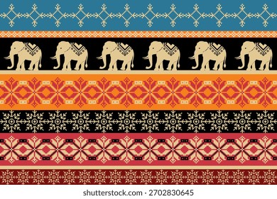 Ethnic geometric pattern with stylized elephants, bold tribal shapes, and colorful ornamental motifs arranged in seamless decorative rows.