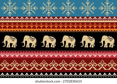 Patrón geométrico étnico con elefantes estilizados, Formas tribales audaces y coloridos motivos ornamentales dispuestos en filas decorativas sin costuras.