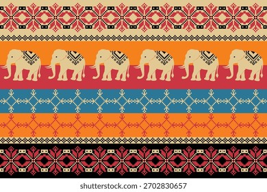 Ethnic geometric pattern with stylized elephants, bold tribal shapes, and colorful ornamental motifs arranged in seamless decorative rows.