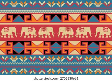 Ethnic geometric pattern with stylized elephants, bold tribal shapes, and colorful ornamental motifs arranged in seamless decorative rows.