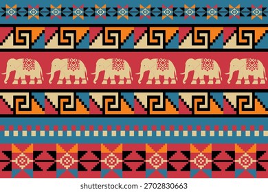 Ethnic geometric pattern with stylized elephants, bold tribal shapes, and colorful ornamental motifs arranged in seamless decorative rows.