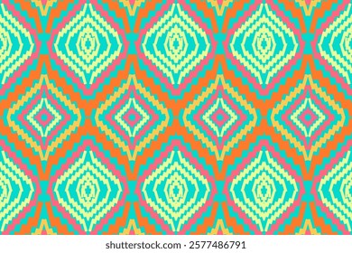 Ethnic Geometric Pattern with Teal and Orange Diamond Motifs on a Beige Background for Vibrant Decorative Art