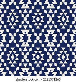 Ethnic geometric pattern. Vector blue-white color aztec geometric shape diamond grid seamless pattern background. Use for ethnic fabric, textile, interior decoration elements, upholstery, wrapping.