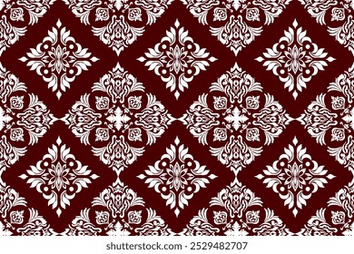 Ethnic geometric pattern, white flowers, red background, oriental, seamless pattern, design for fabric, curtains, background, clothing, batik, knitwear, embroidery