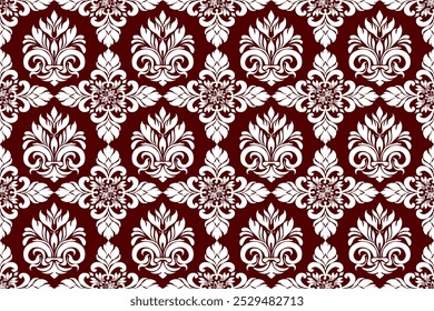 Padrão geométrico étnico, flores brancas, fundo vermelho, oriental, padrão sem costura, design para tecido, cortinas, fundo, roupas, batik, malhas, bordados