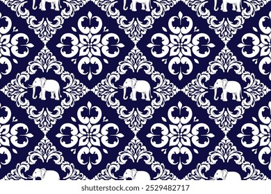 Ethnic geometric pattern, white flowers, elephants, blue background, oriental, seamless pattern, design for fabric, curtains, background, clothing, batik, knitwear, embroidery.