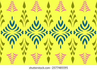 Ethnic Geometric Pattern with Yellow and Blue Floral Motifs on a Vibrant Background for Decorative Art