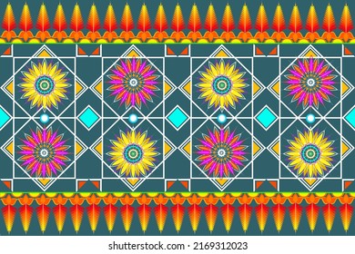 Ethnic geometric patterns blend seamlessly with nature. Designed for backgrounds, carpets, wallpaper, clothing, batik, fabrics and coloring books.