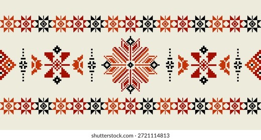 Borde de arte de píxeles geométricos étnicos. Perfecto para diseños textiles tradicionales, papelería de estilo popular, marca cultural y fondos decorativos. Vibrante Vector de estilo bordado rojo y negro.