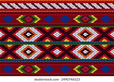 Ethnic geometric pixel, cross stitch, knitted traditional design. Native fabric Ikat texture embroidery Aztec, Arabian style design for fabric, textile, element, ornament, background, abstract, tile