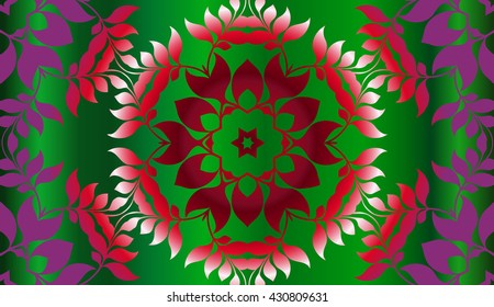 Ethnic geometric print. Colorful green floral repeating background texture