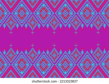 Diseño de patrones de impresión geométrica de origen azteca repitiendo textura de fondo en rosa y azul. Tela, diseño de tela, papel pintado, envoltura