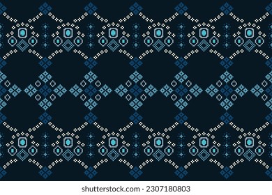Patrón de tejido geométrico étnico sin costuras Cross Stitch.Ikat bordado Patrón de Pixel oriental étnico de fondo azul. Resumen,vector,ilustración. Textura, ropa, bufanda, decoración, papel tapiz de alfombras.