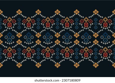 Patrón de tejido geométrico étnico sin costuras Cross Stitch.Ikat bordado Patrón de Pixel oriental étnico de fondo azul. Resumen,vector,ilustración. Textura, ropa, bufanda, decoración, papel tapiz de alfombras.