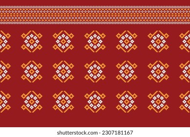 Ethnic geometric seamless fabric pattern Cross Stitch.Ikat embroidery Ethnic oriental Pixel pattern red background. Abstract,vector,illustration. Texture,clothing,scarf,decoration,carpet wallpaper.