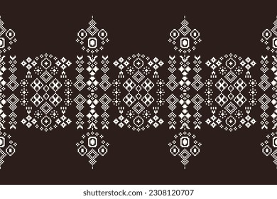 Patrón de tejido geométrico étnico sin costura Cross Stitch.Ikat bordado patrón Pixel oriental fondo marrón. Resumen,vector,ilustración. Textura, Cross Stitch, pañuelo, decoración, papel tapizado de alfombra.