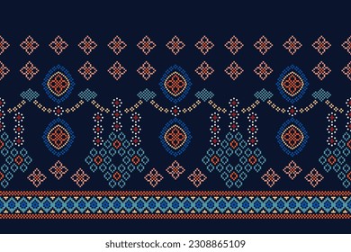 Ethnic geometric seamless fabric pattern Cross Stitch.Ikat embroidery oriental Pixel pattern blue background. Abstract,vector,illustration. Texture,Cross Stitch,scarf,decoration,carpet wallpaper.