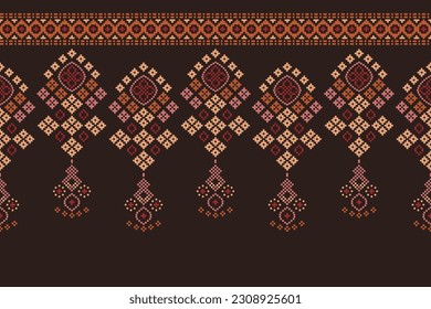 Ethnic geometric seamless fabric pattern Cross Stitch.Ikat embroidery oriental Pixel pattern brown background. Abstract,vector,illustration. Texture,Cross Stitch,scarf,decoration,carpet wallpaper.