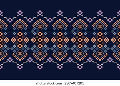 Ethnische geometrische nahtlose Gewebe Muster Cross Stitch.Ikat Stickerei orientalischen Pixel Muster blauen Hintergrund. Abstrakt, Vektorgrafik, Illustration. Textur, Kreuz Stich, Schal, Dekoration, Teppichboden Tapete.