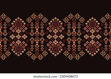 Ethnic geometric seamless fabric pattern Cross Stitch.Ikat embroidery oriental Pixel pattern brown background. Abstract,vector,illustration. Texture,Cross Stitch,scarf,decoration,carpet wallpaper.