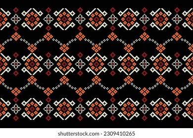 Patrón de tejido geométrico étnico sin costuras Cross Stitch.Ikat bordado estilo Pixel oriental patrón fondo negro. Resumen,vector,ilustración. Textura, Cross Stitch, pañuelo, decoración, papel tapizado de alfombra.