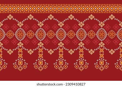 Ethnic geometric seamless fabric pattern Cross Stitch.Ikat embroidery oriental Pixel pattern red background. Abstract,vector,illustration. Texture,Cross Stitch,scarf,decoration,carpet wallpaper.