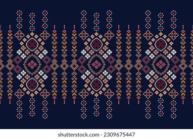 Ethnic geometric seamless fabric pattern Cross Stitch.Ikat embroidery oriental Pixel pattern blue background. Abstract,vector,illustration. Texture,Cross Stitch,scarf,decoration,carpet wallpaper.