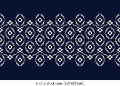 Patrón de tejido geométrico étnico sin costura Cross Stitch.Ikat bordado oriental Pixel patrón fondo azul. Resumen,vector,ilustración. Textura, Cross Stitch, pañuelo, decoración, motivos, papel pintado.