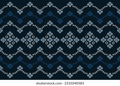 Ethnische geometrische nahtlose Gewebe Muster Cross Stitch.Ikat Stickerei orientalischen Pixel Muster blauen Hintergrund. Abstrakt, Vektorgrafik, Illustration. Textur, Querstich, Schal, Dekoration, Motive, Tapeten.